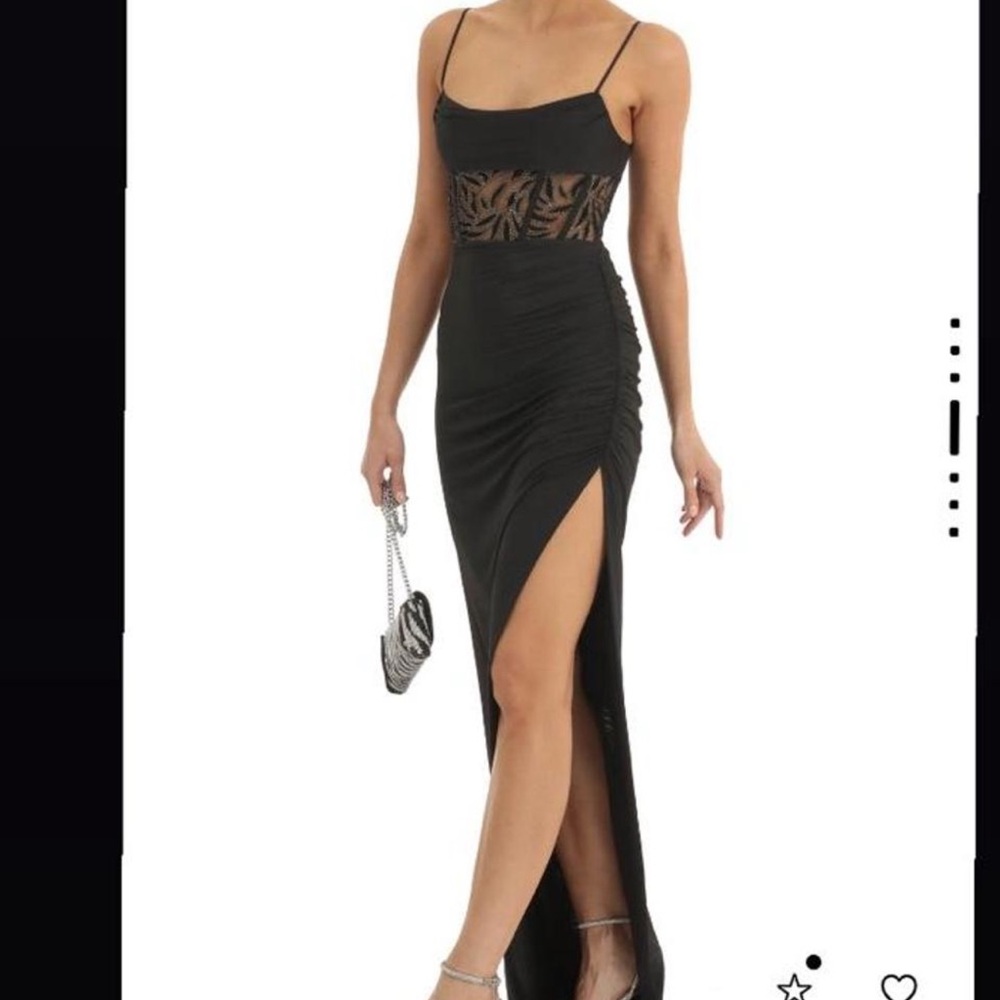 Lucy in the Sky Black Maxi Dress with Lace Bodice and High Slit